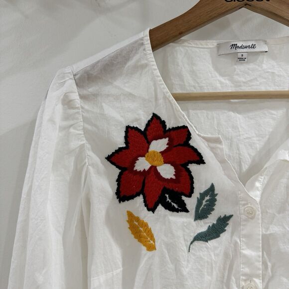 Madewell Embroidered Peplum Buttons Down Floral Top Row Back Pom Pom Small - Picture 5 of 5